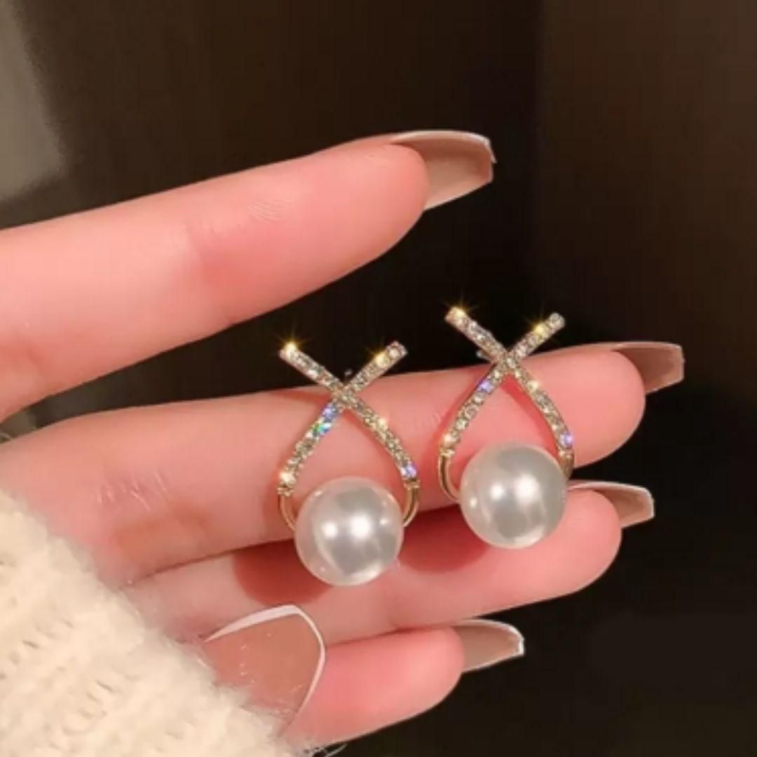 Korean Studded Cross Pearl Stud Earrings